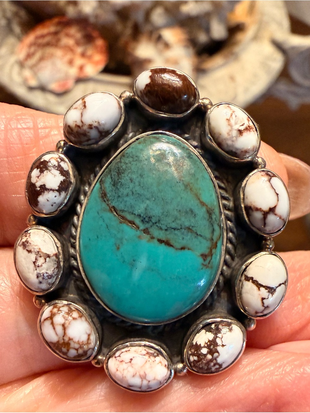 Sterling Silver , Genuine turquoise and white buffalo cluster ring